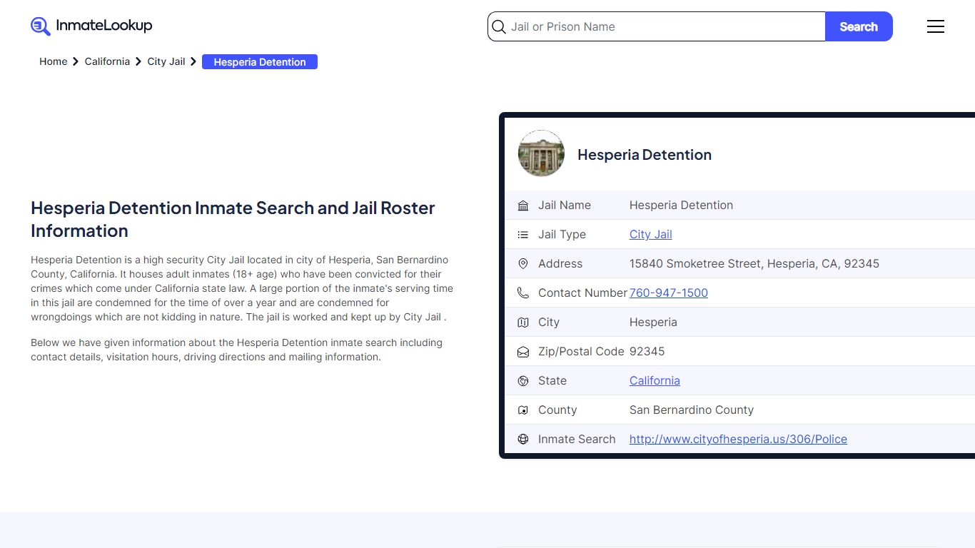 Hesperia Detention Inmate Search and Jail Roster Information